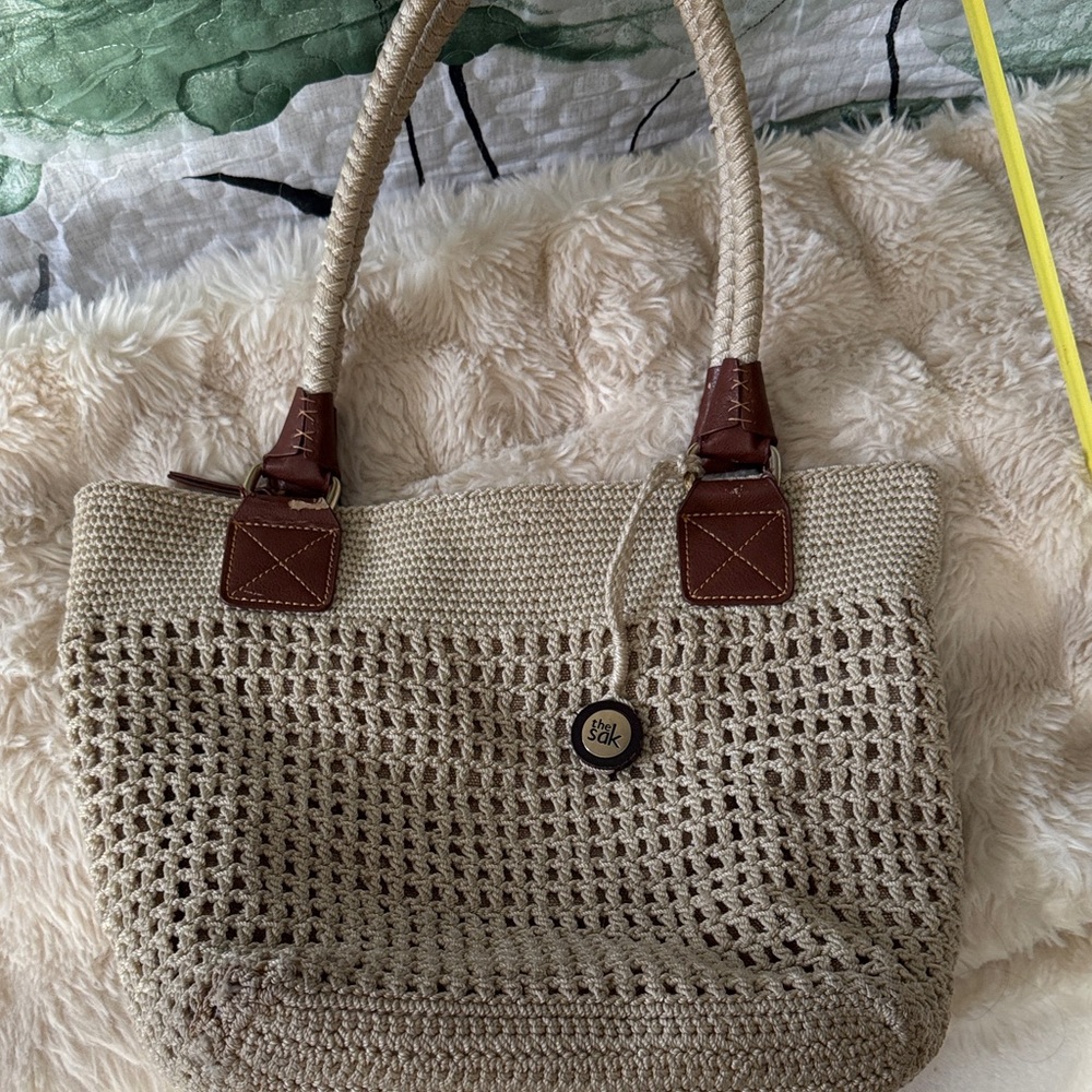 Handwoven Beige Crochet Tote Bag with Brown Trim